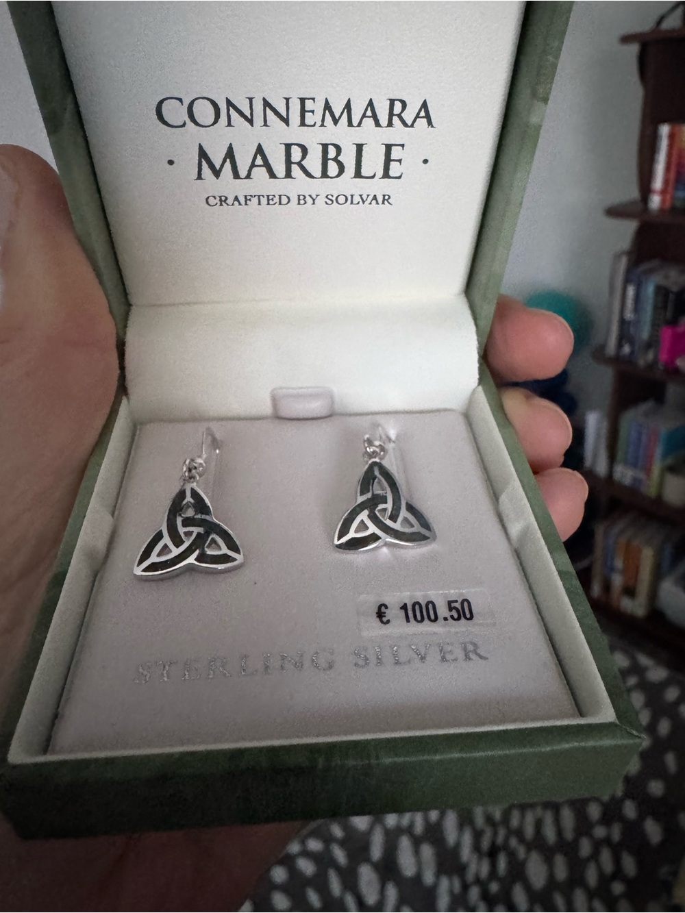 Sterling Silver Trinity Knot Drop Earrings - Silver with Connemara Marble - Picture 2 of 3